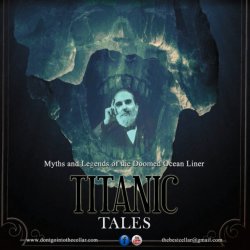 A man sits in victorian clothing. In the background there is an iceburg with a gaping maw superimposed. Above a sinking ship in a storm.
