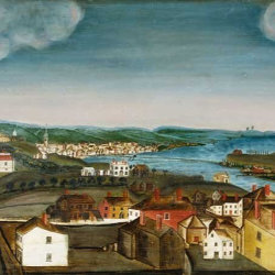 Watercolor landscape of a village at the seaside