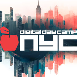 stylized digital day camp with a red maple leaf