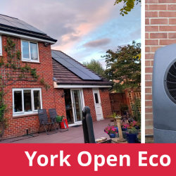 Detached house with solar panels, text - York Open