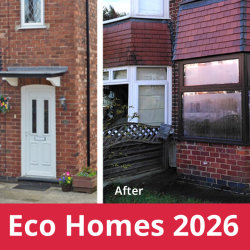 montage of 2 photos of an upgraded semi-detached house showing before and after, with 'Eco Homes 2026' caption