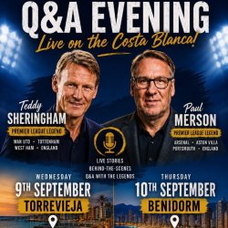 Image of Teddy Sherringham and Paul Merson. Location of the events in Torrevieja on 9th September and Benidorm on the 10th September