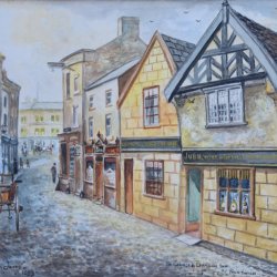 A painting of the outside of an old fashioned pub.
