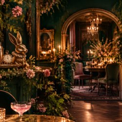 Whimsical image in greens and golds