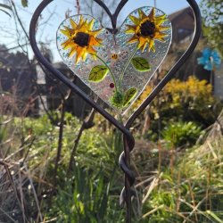Fused glass large heart on iron stand