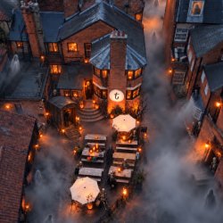 A spooky aerial view of tap.social’s courtyard at night, filled with mist, glowing pumpkins, ghostly figures, skeletons and a mysterious horse box by the entrance steps.