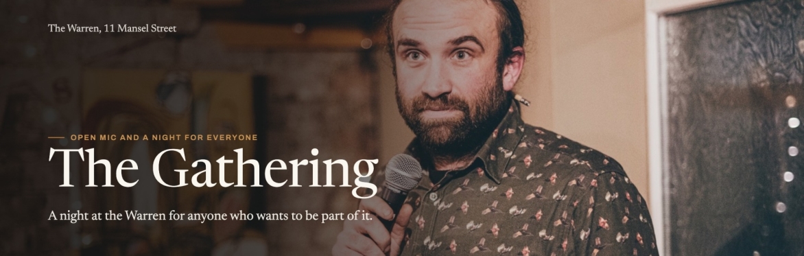 Deri with a microphone at the Warren, with the words The Gathering, open mic and a night for everyone