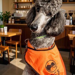 An image of Kumo, a wellbeing dog in a coffee shop
