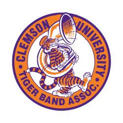 Clemson University Tiger Band Assoc image with purple & orange tiger playing a sousaphone
