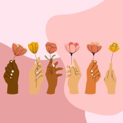 Illustrated image of six women's hands, holding up flowers in front of a pink backdrop.