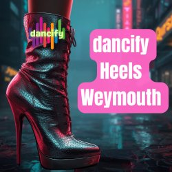city street with black high heel boot with dancify logo