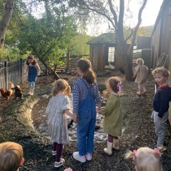A group of children standing around the duck pond