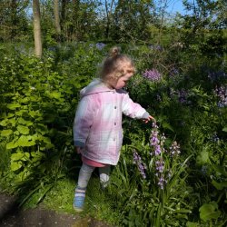 Young girl outside touching some flowers