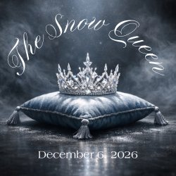 The Snow Queen Show Poster, depicting an icy crown resting on a lush velvet pillow surrounded by icy mist
