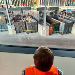 A child looking down from a window at a recycling centre where several large containers hold different materials.