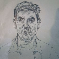 Biro portrait sketch on a brown paper bag, showing a head-and-shoulders drawing created in Mik Artistik's distinctive observational style. The artwork is an example of the paper bag portraits featured