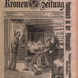 Zeitungsartikel mit Illustration Kronenzeitung von 1909, "Mord in der Praterstraße"