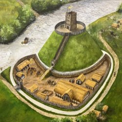 Painting of what the town's medieval motte and bailey could have looked like.