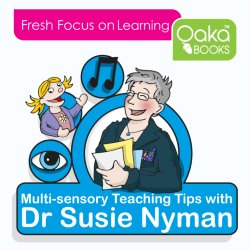 A smiling woman and happy child with symbols depicting multisensory learning around them