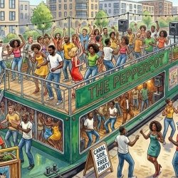 People dance on a boat which reads The Pepperpot
