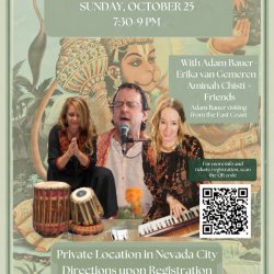 Poster for Adam Bauer sacred chant at Sun Studio, Florence MA, 7-9PM on Dec 12 2025 with chanting at harmonium photo.