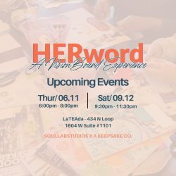 Image for HERword: A Vision Board Experience, presented by SoulLab Studios x A Keepsake Co. Background photo shows hands cutting and arranging magazine clippings on a table with scissors and cr