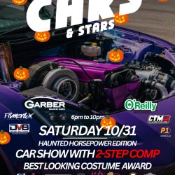Cars & Stars Haunted Horsepower Edition — October 31, 2026, 6–10 PM at Clover Park. Halloween car show with 2-Step competition and Best Looking Costume award.