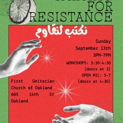 Red square with greyscale hands on green boarder, with greyscale citrus. Title: writing for resistance in English and arabic. contains date & time.