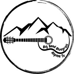 Big Bend Bluegrass Association logo, instruments with mountain background and sun turqoise, orange, yellow, brown and black colors