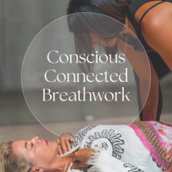 The background is a photo of a woman guiding another person lying down with her hand gently placed on their head, creating a calm and supportive atmosphere. Overlaid text provides event details: