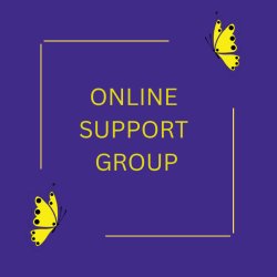 Purple square saying online support group, with 2 FMA UK logo butterflies in the corners