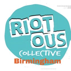 A cyan logo circular logo stating Riotous Collective Birmingham