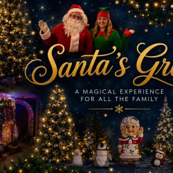 Santa’s Grotto Christmas collage featuring Santa, elves, festive lights, decorated trees, presents, Santa’s Post Room, and magical holiday displays for families.
