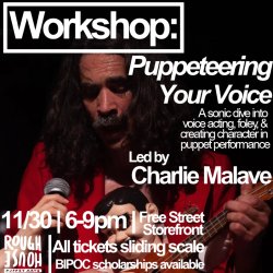 Image of Charlie Malave, a long haired mustached man in a bright red suit playing a guitar with a puppet on his lap.