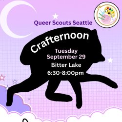 Text in event description. Pink background with crescent moon in upper left, Crafternoon logo in upper right, and black silhouette of Jimothy raccoon in center.