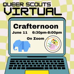 Green & white checkerboard background with black text. Laptop with blue origami elephant and Crafternoon logo on screen. Text in event description.