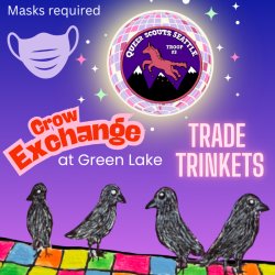 Blue & pink ombre background. Four crows dance on a colorful dance floor under a disco ball with Queer Scouts logo. Mask next to disco ball. Text in event description.