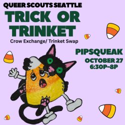 Text in event description. Lilac background with small candy corn design and black and dark green text. Cartoon cat attacking an anthropomorphic candy corn in bottom left.