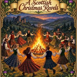 Scottish Dancers around a fire at sunset