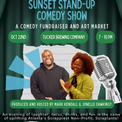 Sunset Stand-up Comedy Show with a microphone and stages lights "an evening of fun, laughter, and crafting. Uplights Atlanta Sustainable Arts Community"