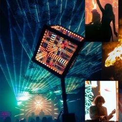 Totem box with lights. teal lasers, shadowed woman dancing, Dj on stage