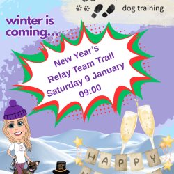 Winter is coming. New years relay team trail, Saturday 9 January at 09:00. Cartoon image of trailing instructor and two dogs.