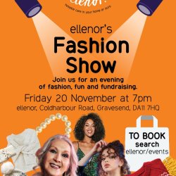 ellenor fashion show poster. People dressed up, shopping bags, accessories