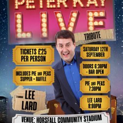 A picture of Lee Lard stood in front of a Peter Kay Live sign with the word Tribute added