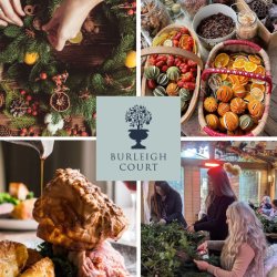 A wreath making event. Including wreaths being made, the collection of materials including dried oranges and roast dinner with gravy.