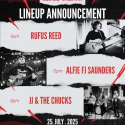 2 individual musicians and 1 music band of 3 with guitars, drums and microphones
