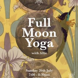 A full moon is pictured against a mountain landscape. At the forefront of the image is a woman standing in a yoga pose. Text -Full Moon Yoga With Allie 17th November 7pm - 8.30pm Cardiff Yoga Studio.