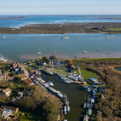 Heybridge Towpath and Seawall -  Heybridge_Basin-09 Aerial Essex P2P April 21 web size cropped - View from above of the sea locks, canal and basin