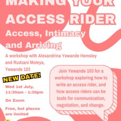 A white background with curved and looping shapes in pastel red, with light pink text that says: Making your access rider - Access, Intimacy and Arriving.