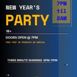 Poster for the New Year’s Party, 7pm til 2am, drinks on arrival, Three Minute Warning are playing 9-11pm